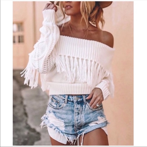 off the shoulder fringe sweater